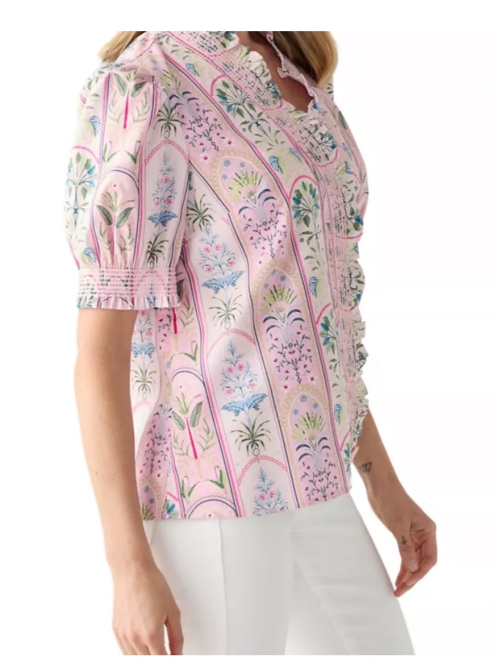 crown & ivy Pink Floral Ruffle Front Puff Sleeve Blouse - Picture 3 of 3